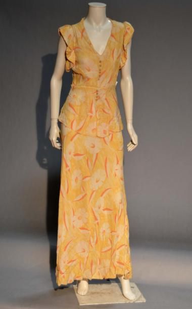 null Robe longue en crêpe, imprimée de fleurs jaunes et orange, années 1930 (petits...