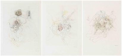 Hans BELLMER Suite de trois estampes sur japon nacré rehaussé d'aquarelle Signées...