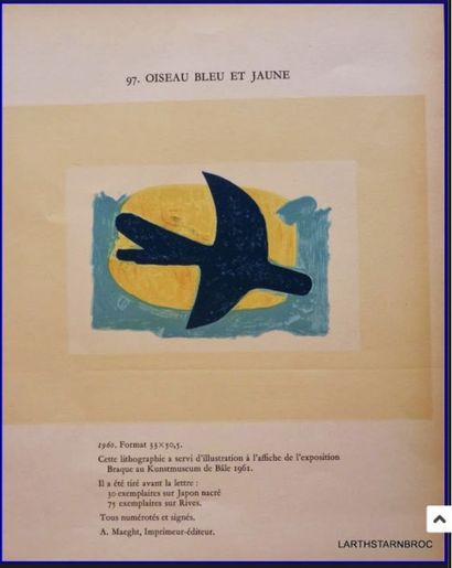 Georges BRAQUE (d'après) "L'oiseau bleu et jaune" Page d'un livre.: 38 X 28 cm Porte...