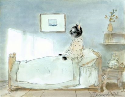 ARINOUCHKINE Andreï Illustration représentant un chat dans son lit Aquarelle et mine...