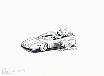 ATTANASIO DINO Spaguetti Illustration représentant le héros dans une Ferrari Testarossa...