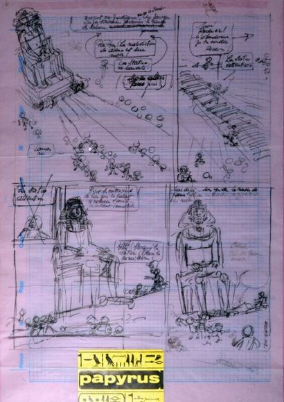 DE GIETER Lucien Papyrus Planche de storyboard présentant le transport d'une statue...