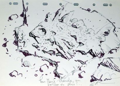 GAL Jean Claude Dessin sur feuille présentant un poisson préhistorique 21x 30 cm
