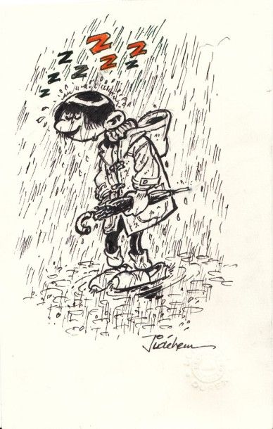 JIDEHEM Gaston sous la pluie Encre de chine et aquarelle, dessin signé en bas à droite...