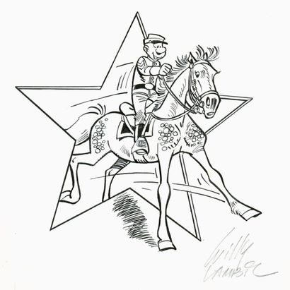 LAMBIL Willy Les Tuniques Bleues Illustration représentant Blutch sortant à cheval...