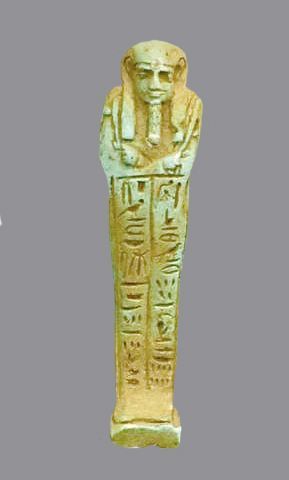 EGYPTE Bel oushebti inscrit»Prêtre de Thot à Hermopolis,Psam- métique».Fritte bleue.Epoque...