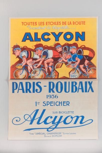 null 1936. Paris-Roubaix. Speicher. Affiche originale des cycles Alcyon célébrant...