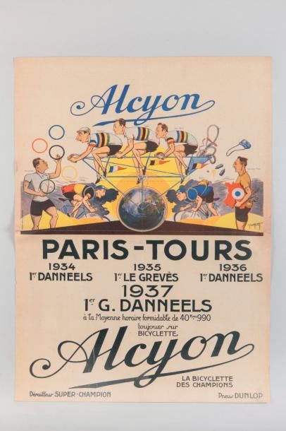 null 1937. Paris-Tours et JO. Affiche originale des cycles Alcyon célébrant la 3e...
