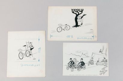 null Route. Humour. 3 dessins de presse originaux (encre de Chine). Années 1960....