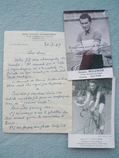 null 1949. Jacques Bellenger, vice-champion du monde...Trois pièces: a) carte-photo,...