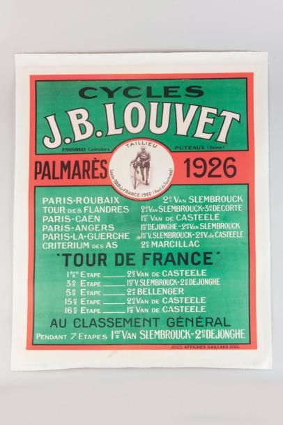 null 1926. Louvet, Taillieu. Affiche entoilée Cycles J.B.Louvet. Palmarès 1926 avec...