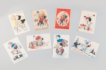 null 1930-1937. Les routiers tricolores. 7 pièces signées Abel Petit. a) 5 cartes-postales...