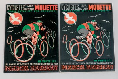 null Vers 1930. Mouette. 2 Affiches: «Cyclistes sur boyaux Mouette, votre envol est...