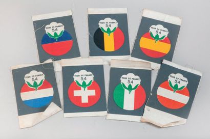 null 1954. 7 Placards de tissus thermo-collant des différentes équipes nationales...