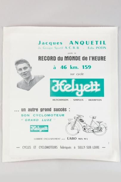 null 1956. ANQUETIL (Jacques) et les records. Affiche entoilée des Cycles Helyett:...