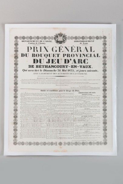 null 1835. Picardie. Affiche entoilée. Prix Général du Bouquet Provincial du Jeu...