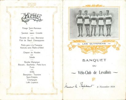 null Cyclisme. Menu du banquet du Vélo Club de Levallois donné le 8 nov 1924, en...