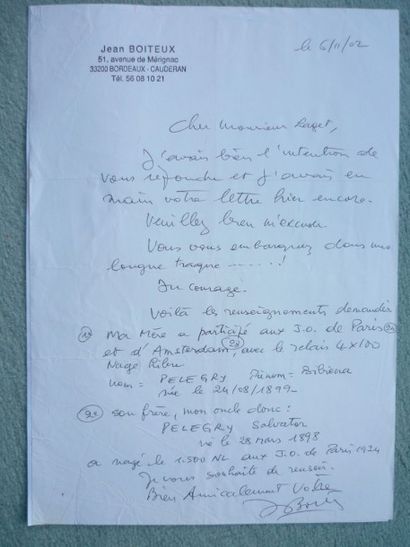 null BOÎTEUX (Jean). Belle lettre manuscrite du champion olympique du 400 m que son...
