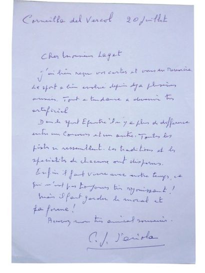 null 1952-1964. Pierre Jonquères d'Oriola. Lettre manuscrite d'une page du double...