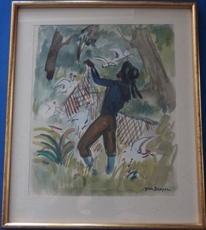 Yves BRAYER (French 1907-1990) Libérer les oiseaux Aquarelle sur papier (oeuvre unique...