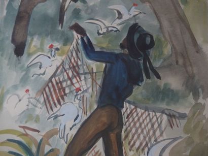 Yves BRAYER (French 1907-1990) Libérer les oiseaux Aquarelle sur papier (oeuvre unique...