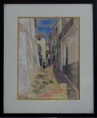 Emilio GRAU SALA Vieille rue à Cadaquès, 1966 Pastel sur traits de crayon sur papier...