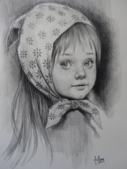 ASLAN (1930-2014) Petite fille au foulard Dessin au crayon et estompe sur papier...