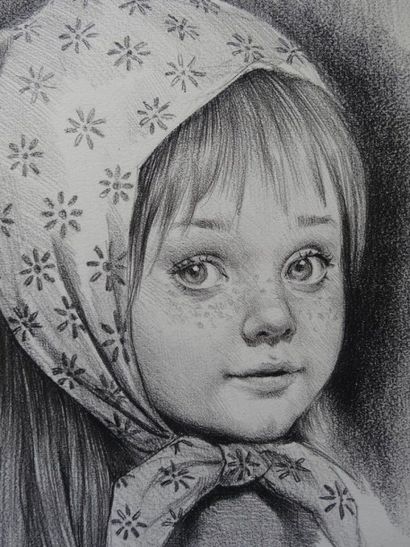 ASLAN (1930-2014) Petite fille au foulard Dessin au crayon et estompe sur papier...