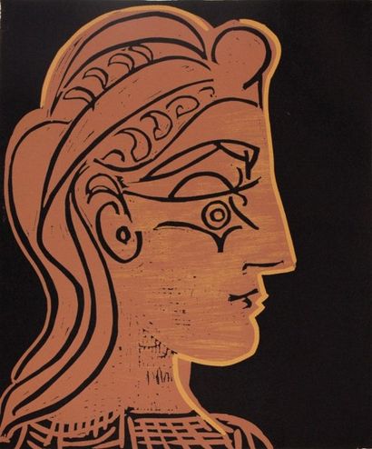 Pablo PICASSO Femme de profil Linogravure Sur vélin 32 x 37 cm Seconde édition par...