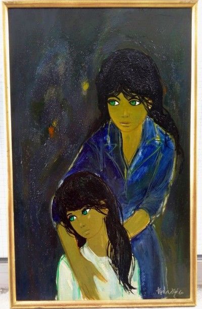 Jean-Baptiste Valadié (French Born in 1933) "Mother and daughter" Oil on canvas Signed...