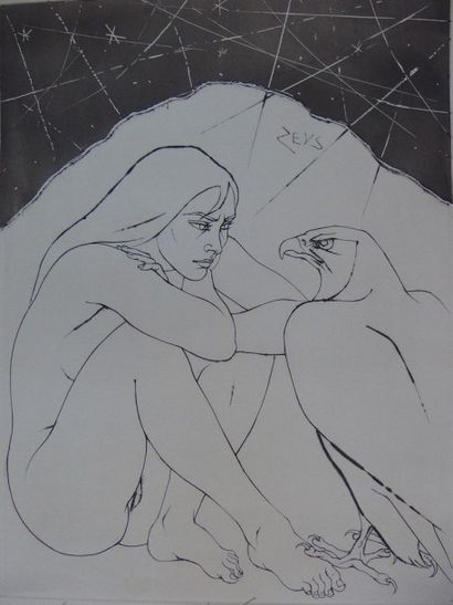 Pierre-Yves TREMOIS (French 1921) Femme face à un aigle Gravure originale au burin...