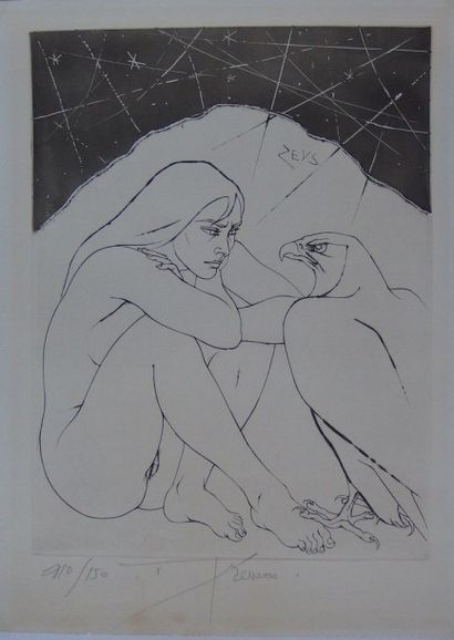 Pierre-Yves TREMOIS (French 1921) Femme face à un aigle Gravure originale au burin...