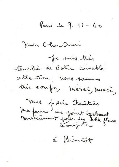 Tsuguharu FOUJITA (Japan 1886 - France 1968) Lettre in 8°autographe adressée à Yves...