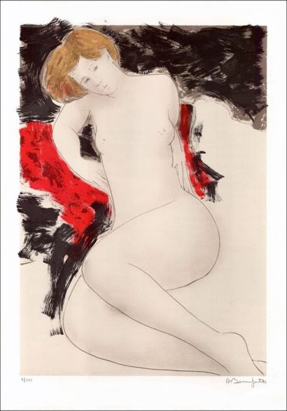 Alain BONNEFOIT (French born in 1937) "Naked woman on a red sheet" Original lithograph...