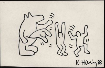 KEITH HARING Dancing men and wolf, 1988 Dessin au feutre sur papier signé et daté...