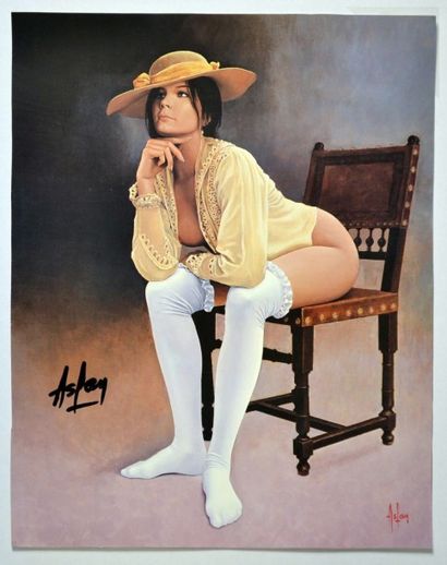 ASLAN Femme sur une chaise Offset signé en bas à gauche 42 x 34 cm