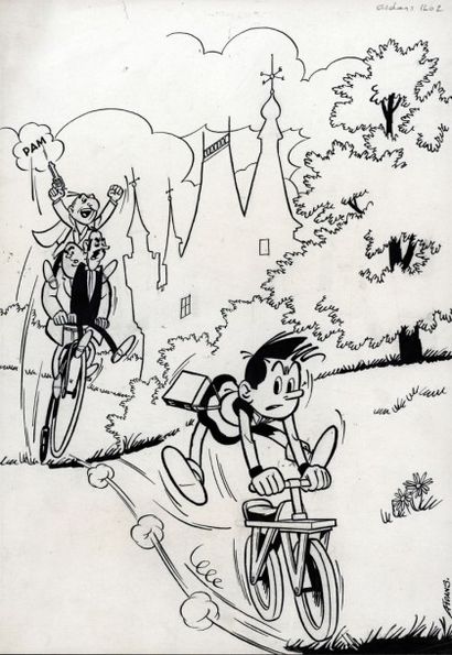 AIDANS Edouard Bob Binn contre XYZ Couverture du journal de Tintin 633 de 1960
Encre...