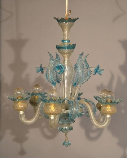 null Lustre en verre de Venise

Style a Rezzonico, bleu et blanc

Lustre à pampilles...