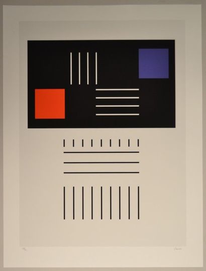 Geneviève CLAISSE Composition rouge, blanche, noire et bleue
Sérigraphie sur papier...