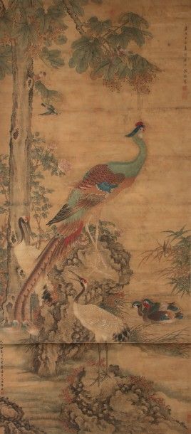 CHINE Rouleau peint à l'encre et pigments
Représentant un paon et des canards
Dynastie...