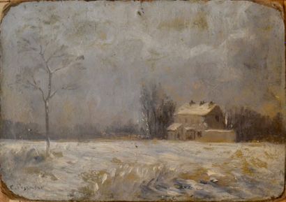 Camille Pissarro, dans le goût de Paysage de neige 
Huile sur panneau portant une...