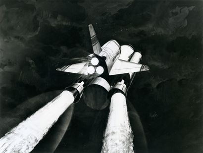 NASA, 1970 Rare photographie d'un dessin concept de la navette spatiale représentant...