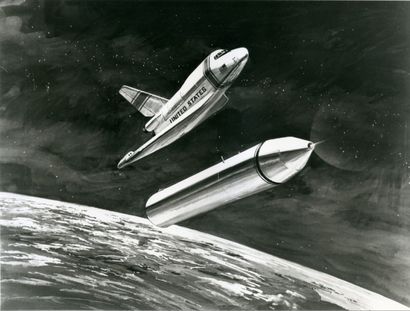 NASA, 1970 Rare photographie d'un dessin concept de la navette spatiale représentant...