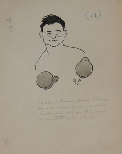 MICH Caricature de presse originale
Marcel Thomas
Le boxeur boxant devant sa glace,...