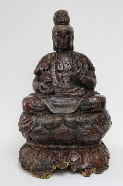 null Important Bouddha en bois scultpé et noirci XIXe - Chine. Bon état, quelques...