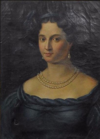 null Portrait de jeune femme
Huile sur toile annotée Teresa Bombicci nata Pomi (1791-1861)...