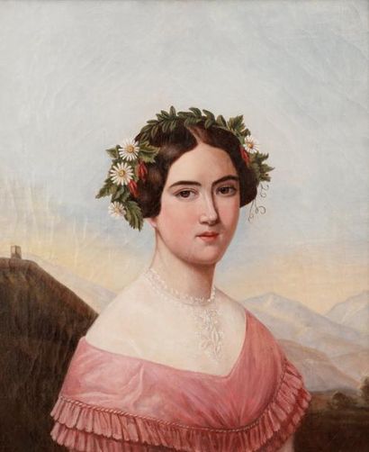 ECOLE FRANÇAISE DU XIX° SIÈCLE 
Portrait de femme à la couronne de fleurs
Huile sur...