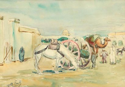 Eugène BILLAUD (1888-1964) 
Le repos des bédouins à Kairouan
Aquarelle sur papier...