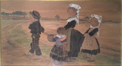 Suzanne CREPIN (1880-1956) 
Les petits bretons
Gouache et aquarelle sur papier signé...