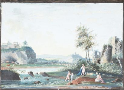 ECOLE ITALIENNE du XVIII° siècle 
Femmes au bain
Paire de gouache sur papier
24 x...